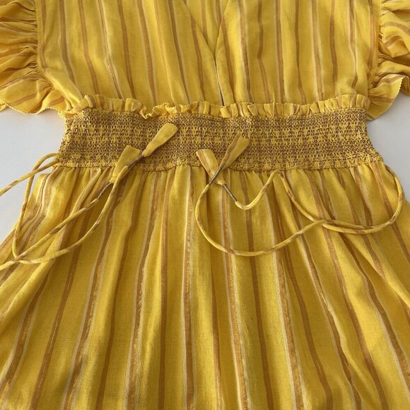 Saylor Adrianne Yellow Metallic Stripe Smocked V-Neck Mini Dress Size M - Picture 10 of 13